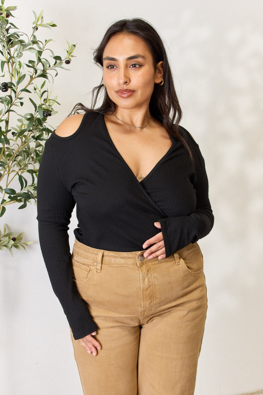 Culture Code Full Size Ribbed Surplice Cold Shoulder Top 