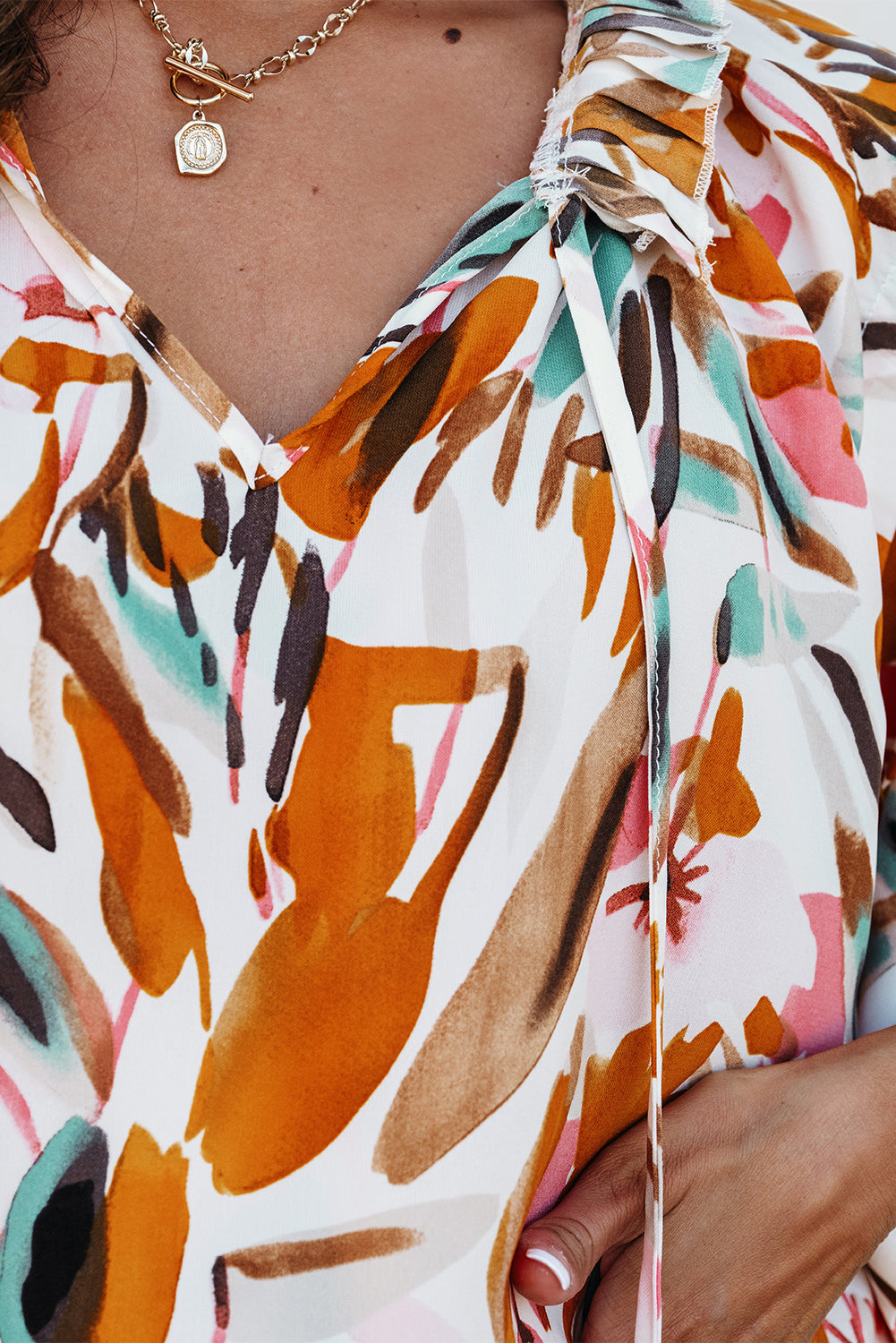 Yellow Abstract Print Drawstring Frilled V Neck 3/4 Sleeve Blouse Tops/Blouses & Shirts