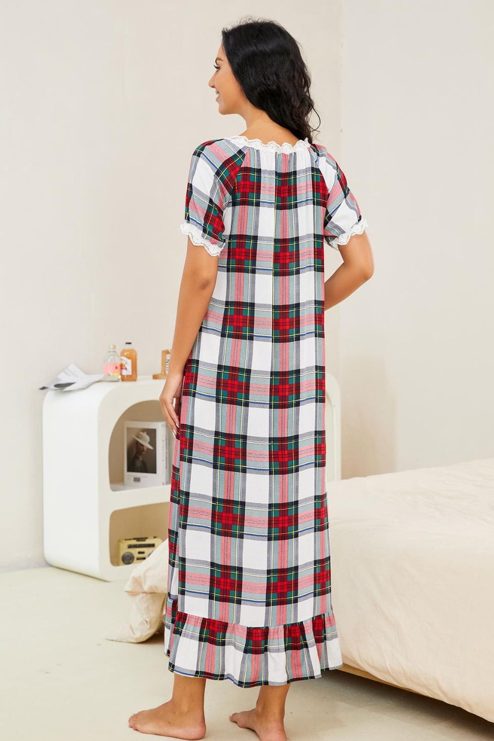 Plaid Lace Trim Ruffle Hem Night Dress 