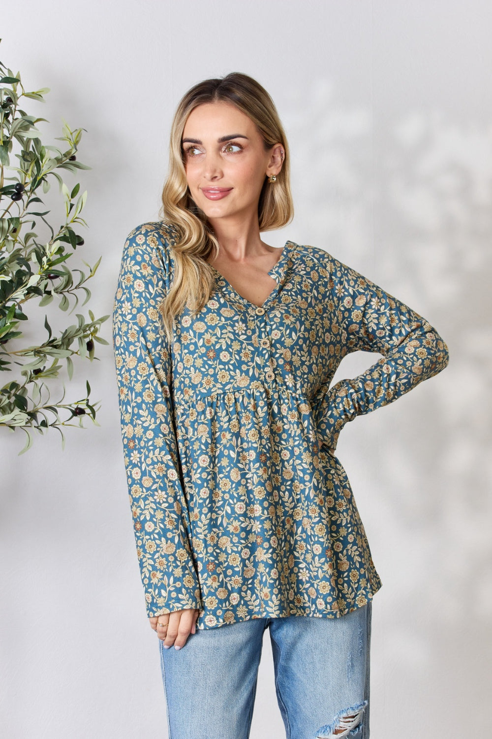 Heimish Full Size Floral Half Button Long Sleeve Blouse 
