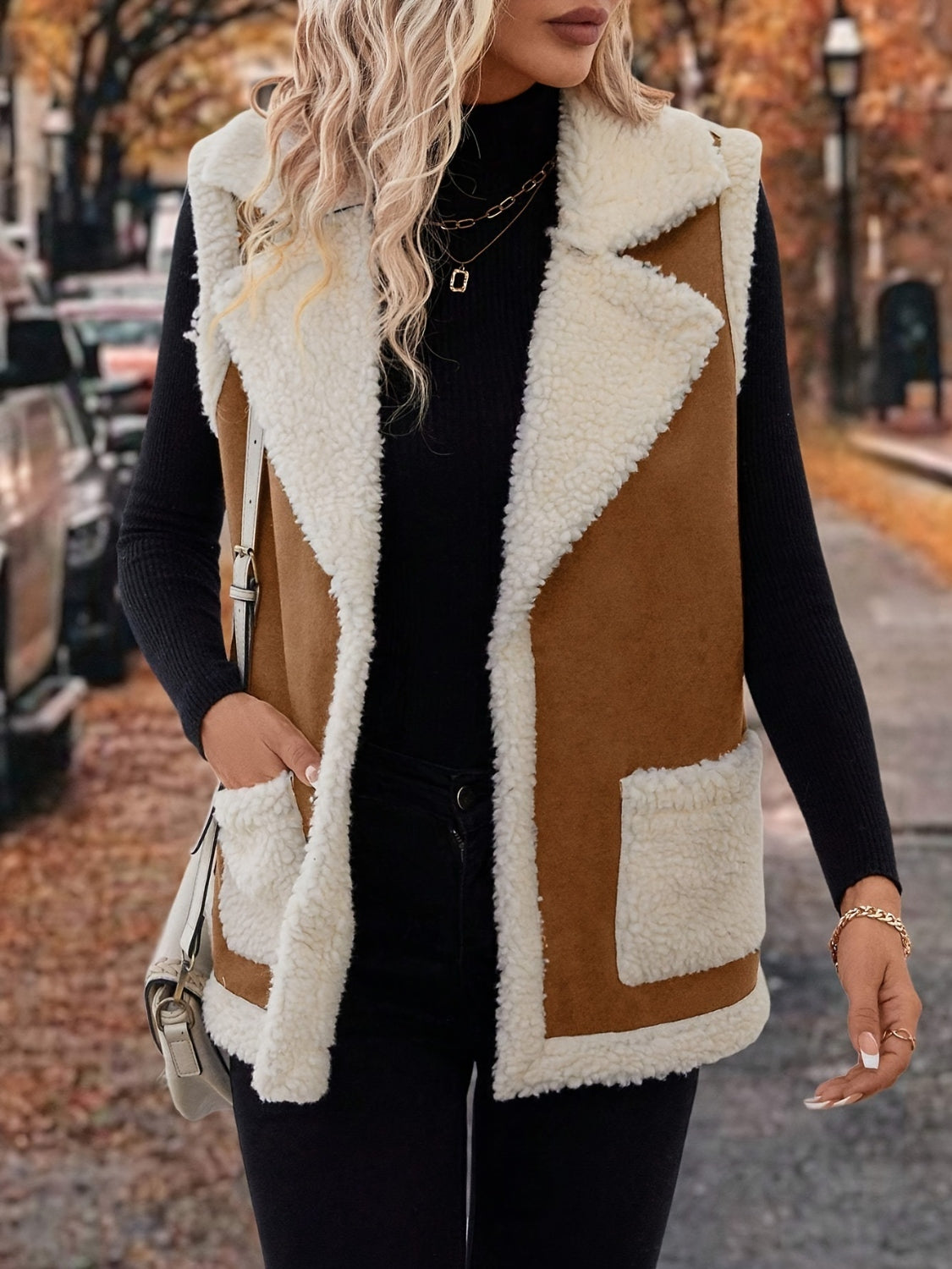 Full Size Contrast Open Front Sherpa Vest Coat 