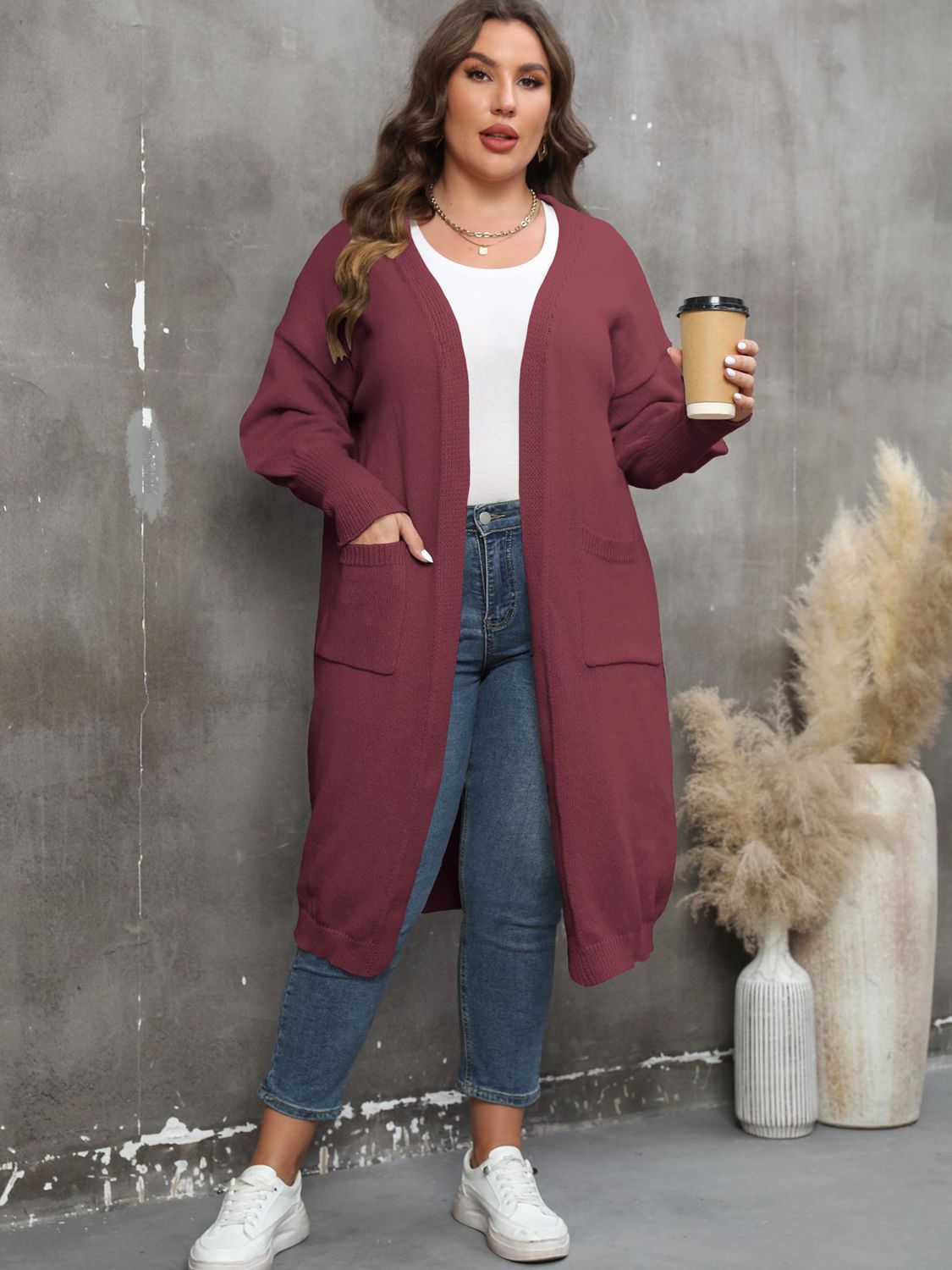 Plus Size Long Sleeve Pocketed Cardigan 