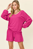 Double Take Full Size Texture V-Neck Long Sleeve T-Shirt and Shorts Set 