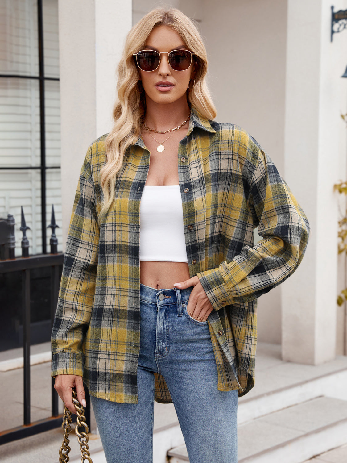 Mandy Pocketed Plaid Collared Neck Long Sleeve Shirt 