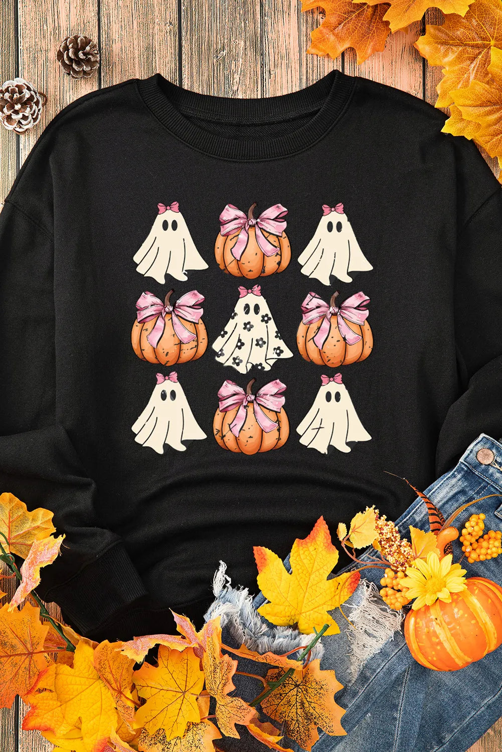 Pumpkin & Ghost Round Neck Long Sleeve Sweatshirt 