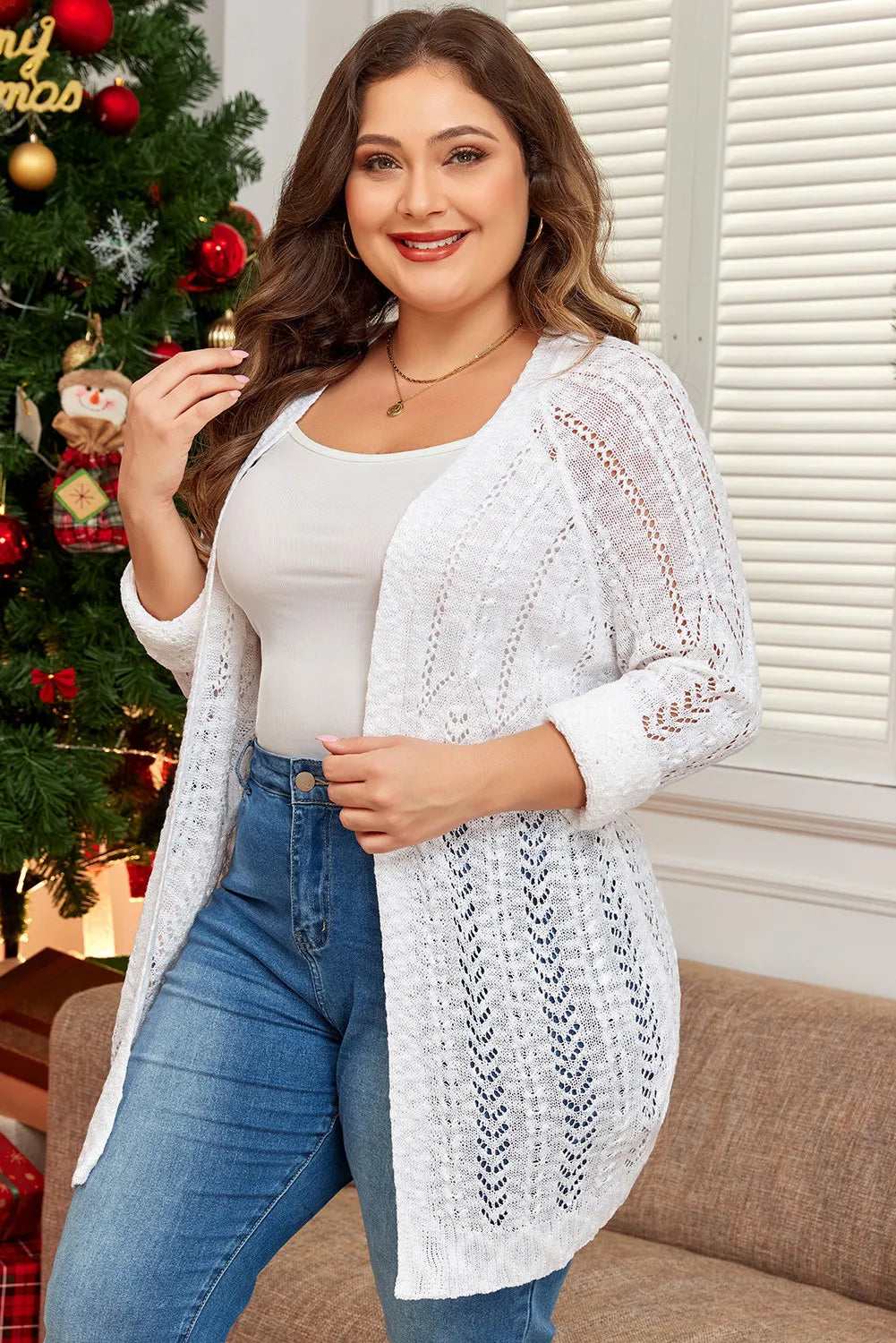Plus Size Openwork Open Front Long Sleeve Cardigan 