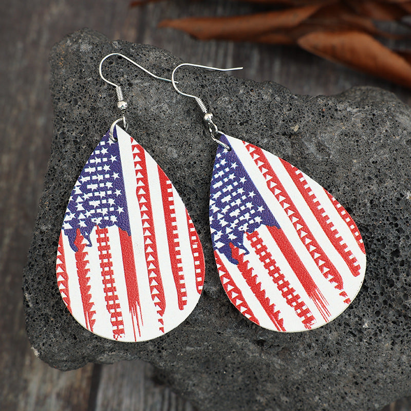 PU Leather US Flag Teardrop Shape Earrings 