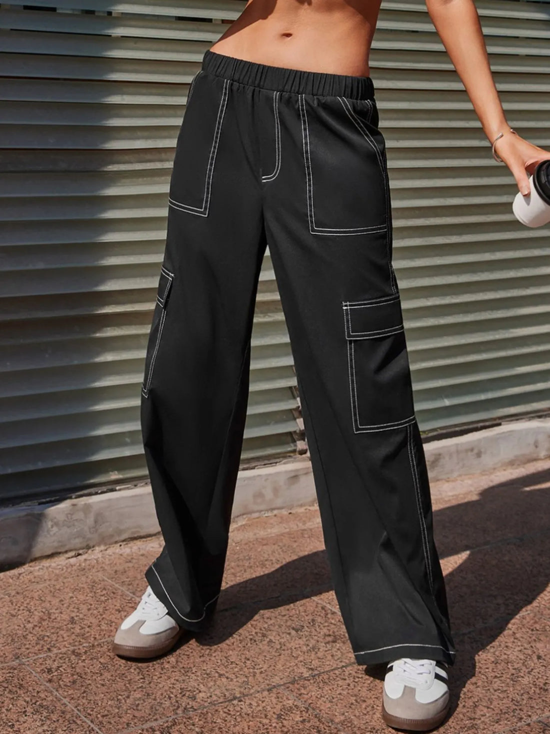 Wide Leg Pants with Contrast Stitching 