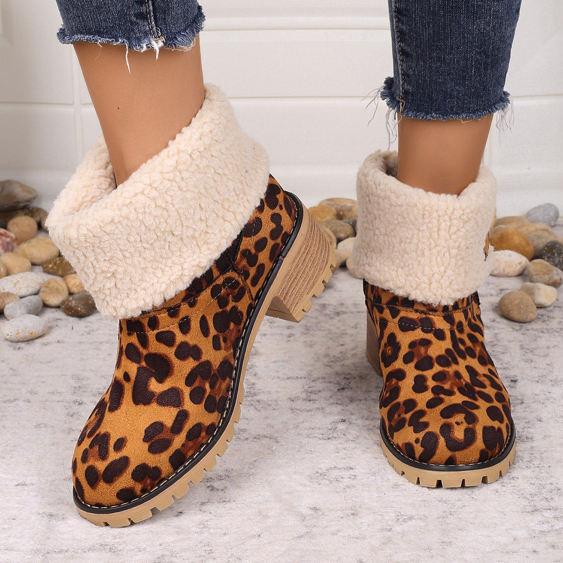 Leopard Block Heel Fuzzy Boots 
