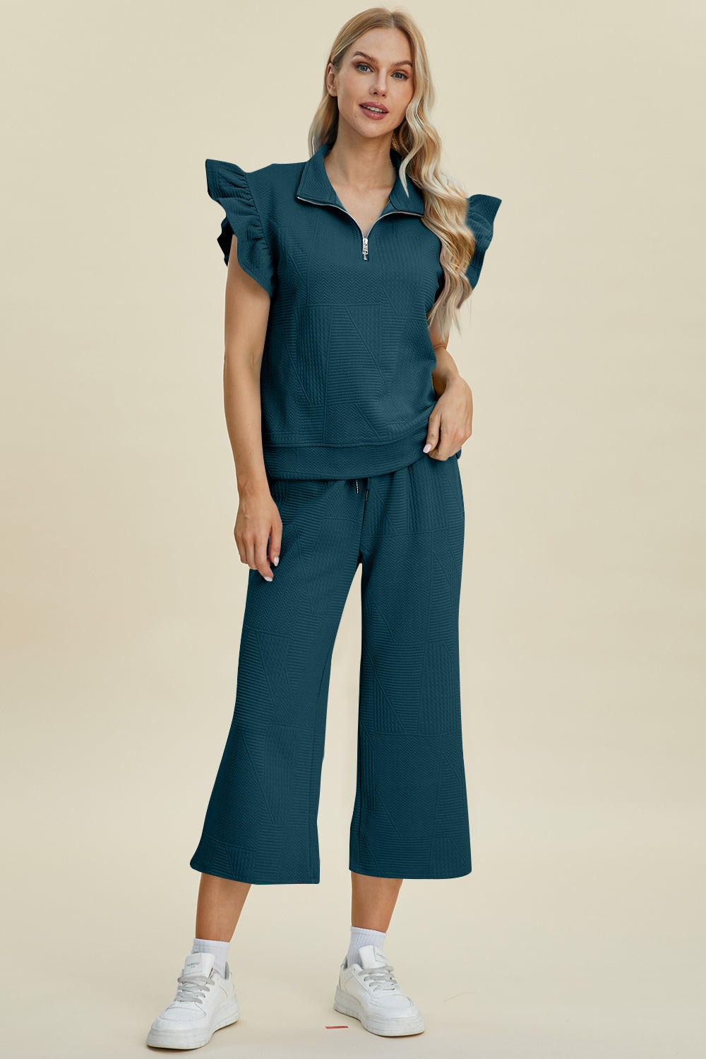 Double Take Full Size Texture Ruffle Short Sleeve Top and Wide Leg Pants Set 