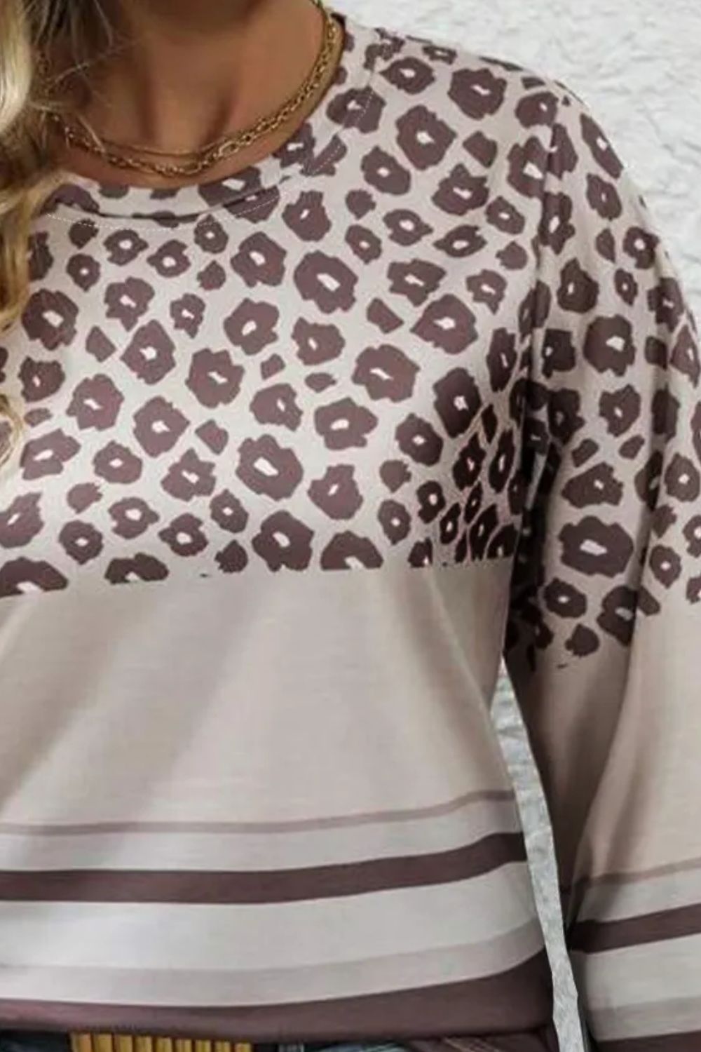 Plus Size Leopard Round Neck Long Sleeve Top 
