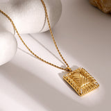 Stainless Steel Inlaid Rhinestone Rectangle Shape Pendant Necklace 