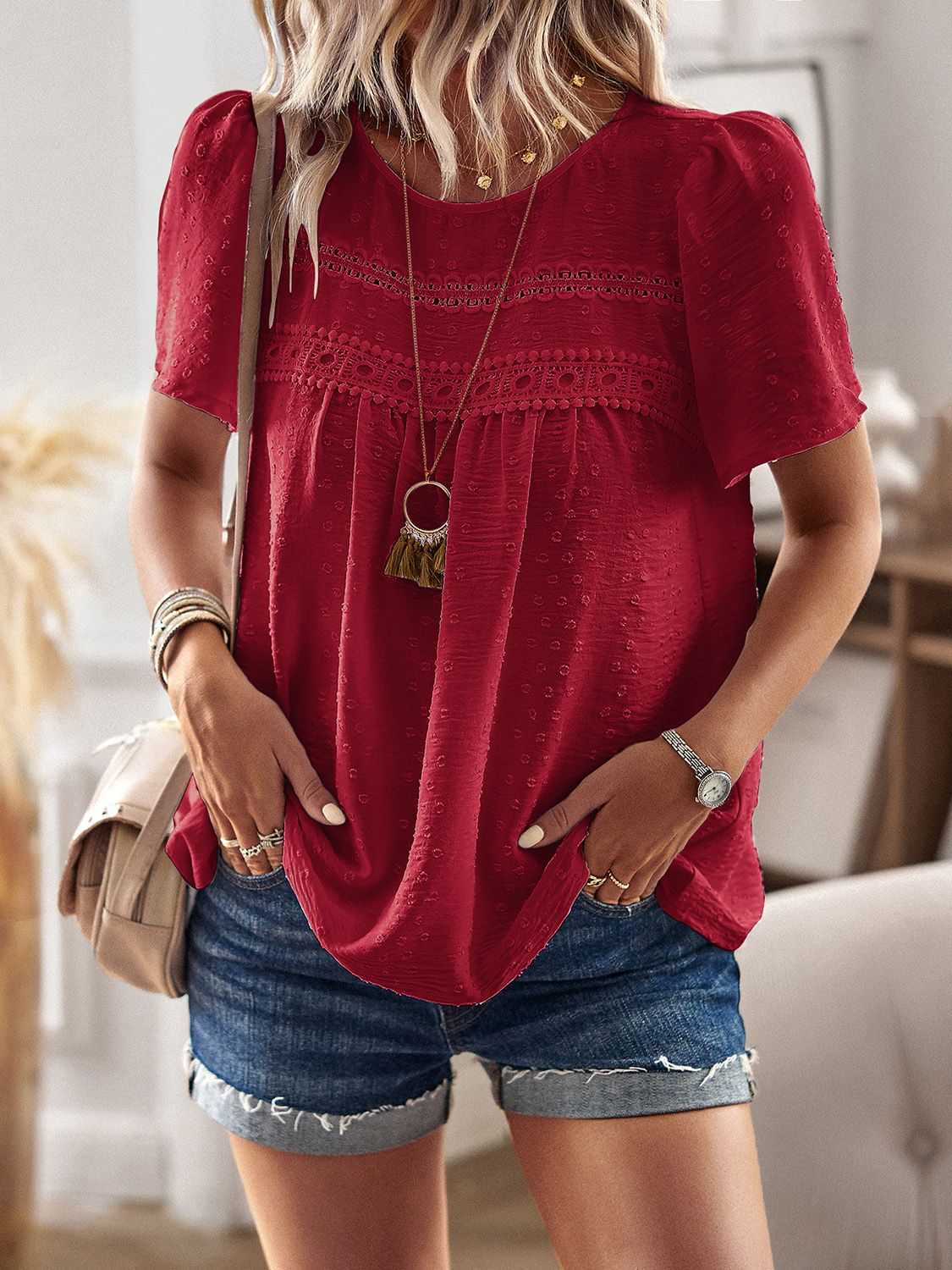 Devine Lace Detail Round Neck Short Sleeve Blouse 
