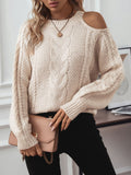 Cable Knit Round Neck Cold Shoulder Sweater 