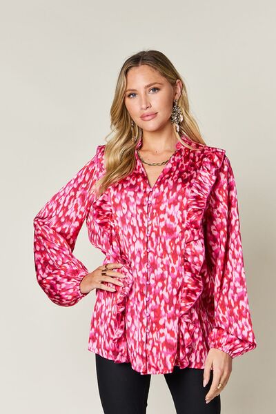 Double Take Full Size Printed Ruffle Trim Balloon Sleeve Shirt 