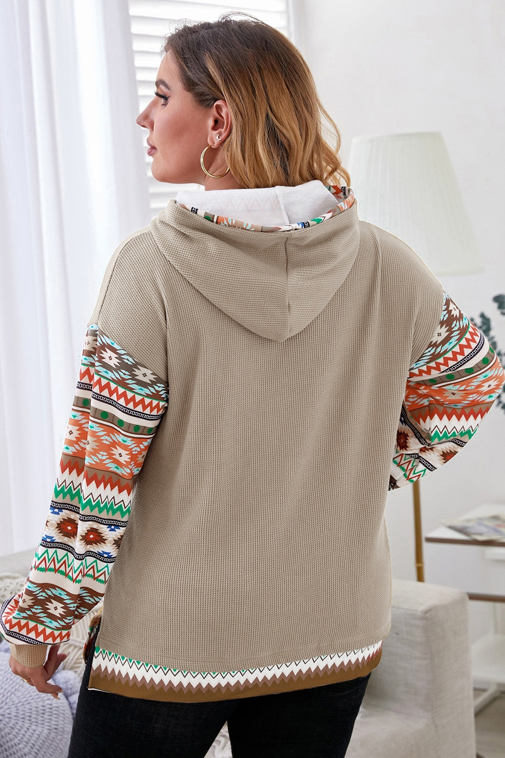 Plus Size Waffle-Knit Geometric Dropped Shoulder Hoodie 