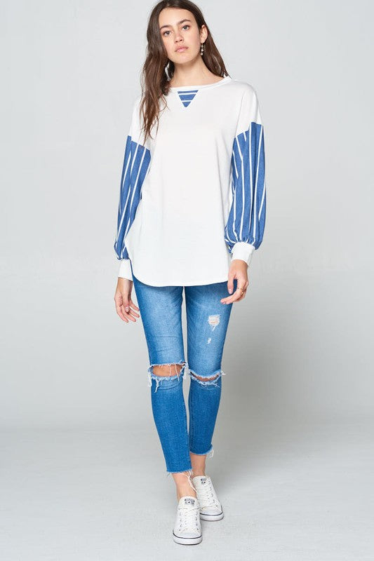 Super Lady Full Size French Terry Striped Long Sleeve Top 