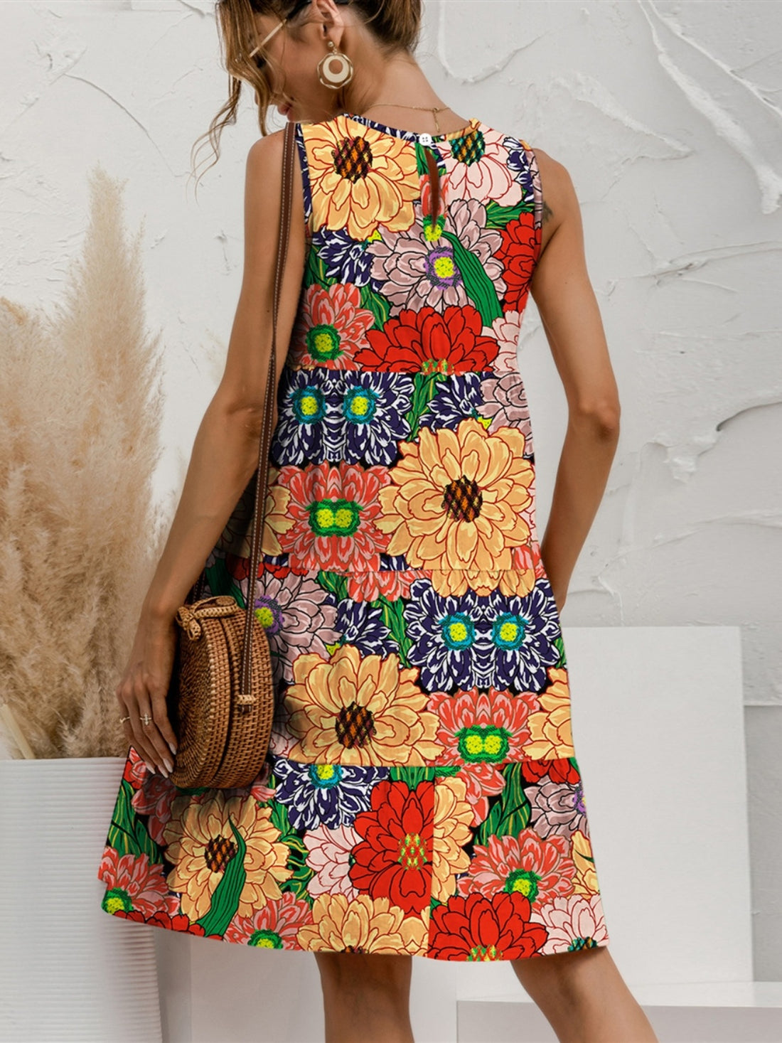FAM-FAM Tiered Printed Round Neck Sleeveless Dress 