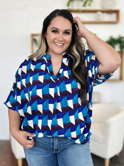 Double Take Full Size Geometric Notched Half Sleeve Blouse 