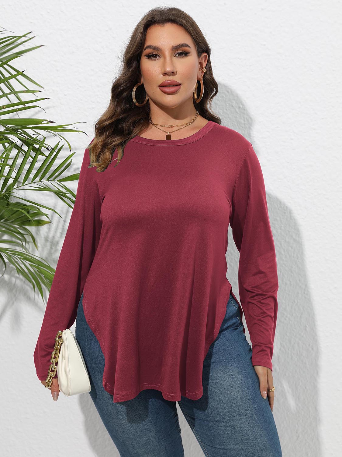 Plus Size Round Neck Long Sleeve Slit T-Shirt 