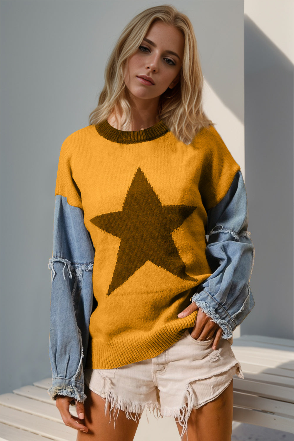 Double Take Full Size Star Pattern Raw Edge Long Sleeve Sweater 