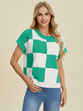 Double Take Full Size Checkered Round Neck Short Sleeve Sweater 
