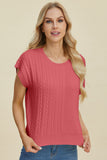 Double Take Full Size Cable-Knit Round Neck Short Sleeve Sweater 
