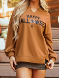 Happy Halloween Graphic Notched Long Sleeve Loose Top 