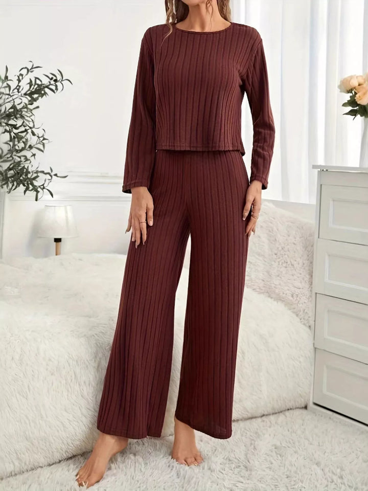 Ribbed Round Neck Long Sleeve Top and Pants Lounge Set Lingerie & Nightwear