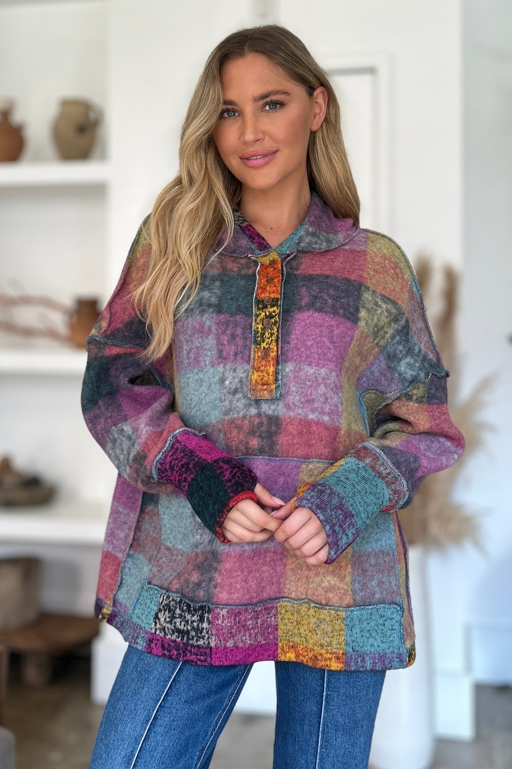 Double Take Full Size Plaid Dropped Shoulder Fleece Hoodie 