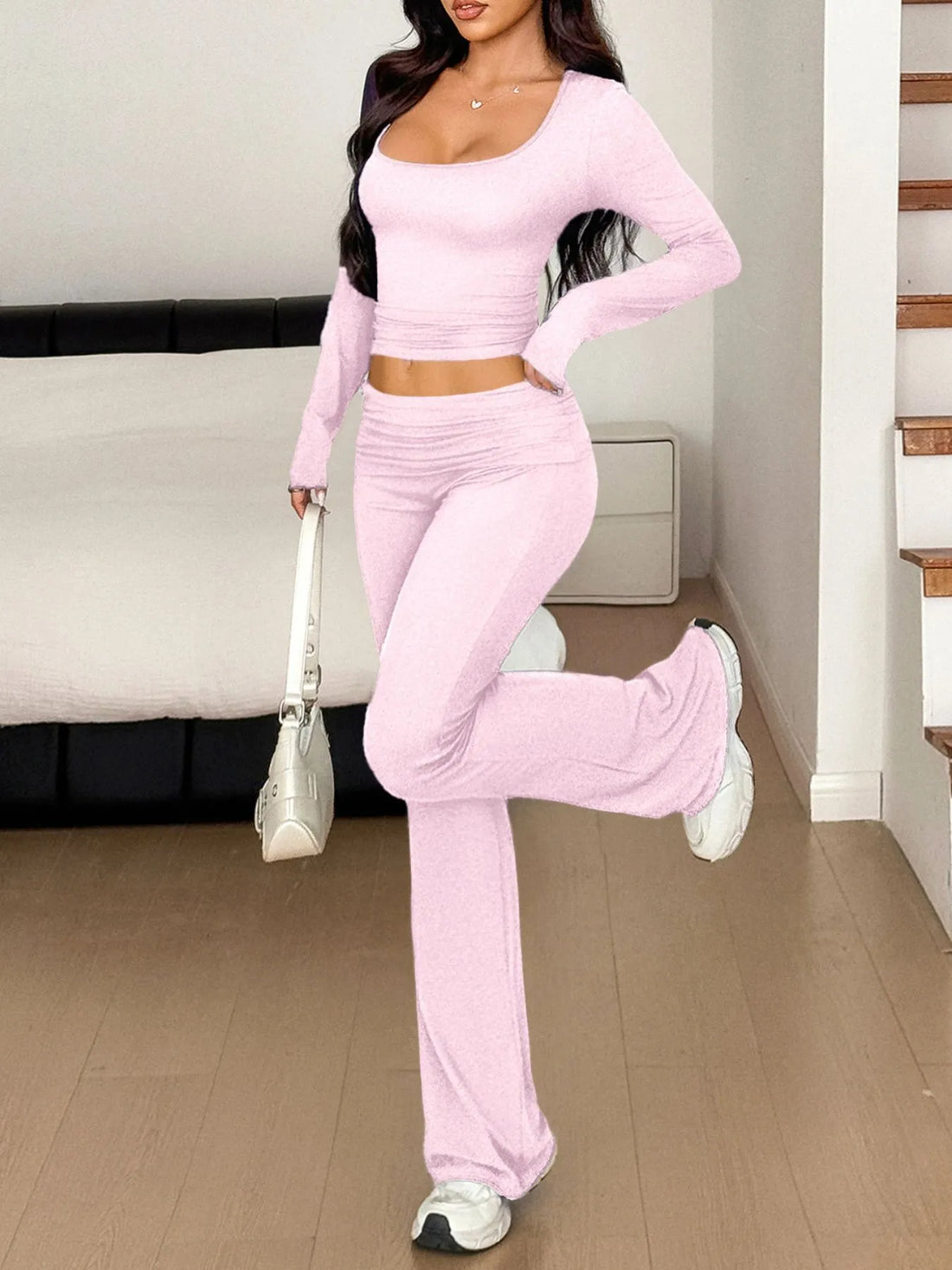 Long Sleeve Crop Top and Bootcut Pants Set Two Piece Dresses