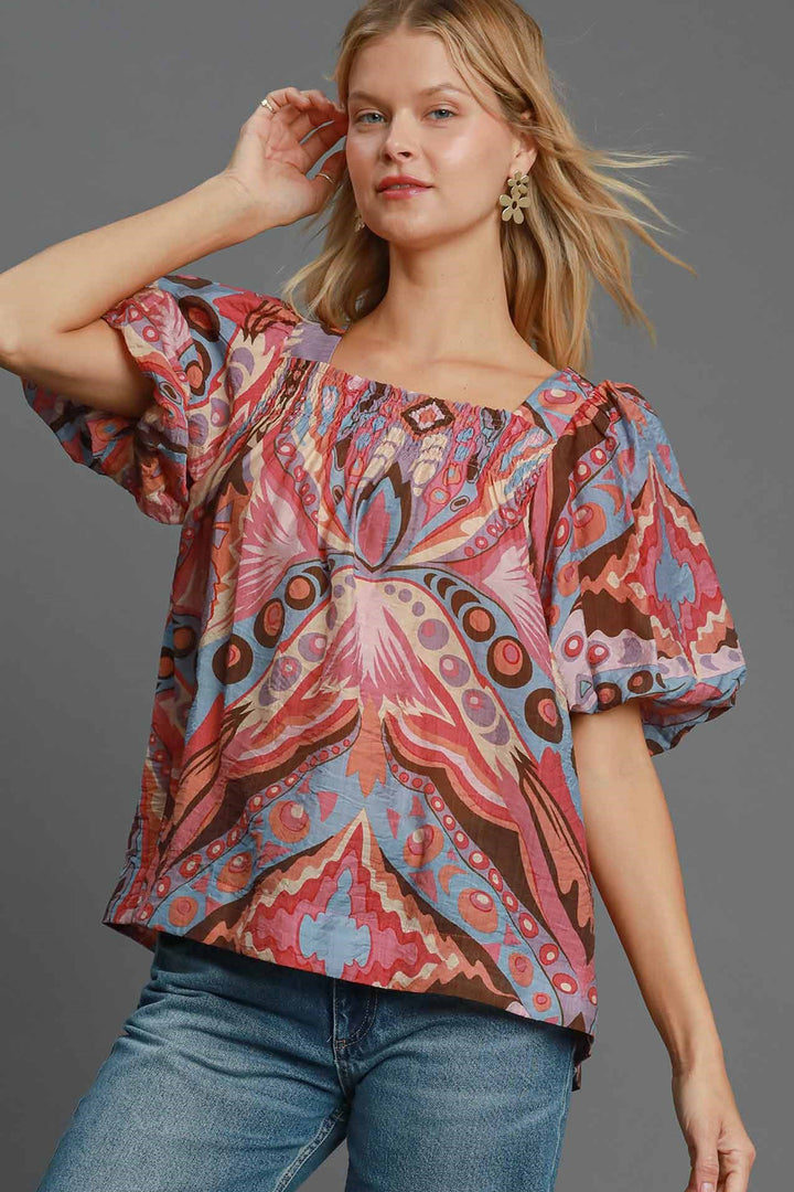 Umgee Full Size Abstract Print Smocked Square Neck Puff Sleeve Blouse 