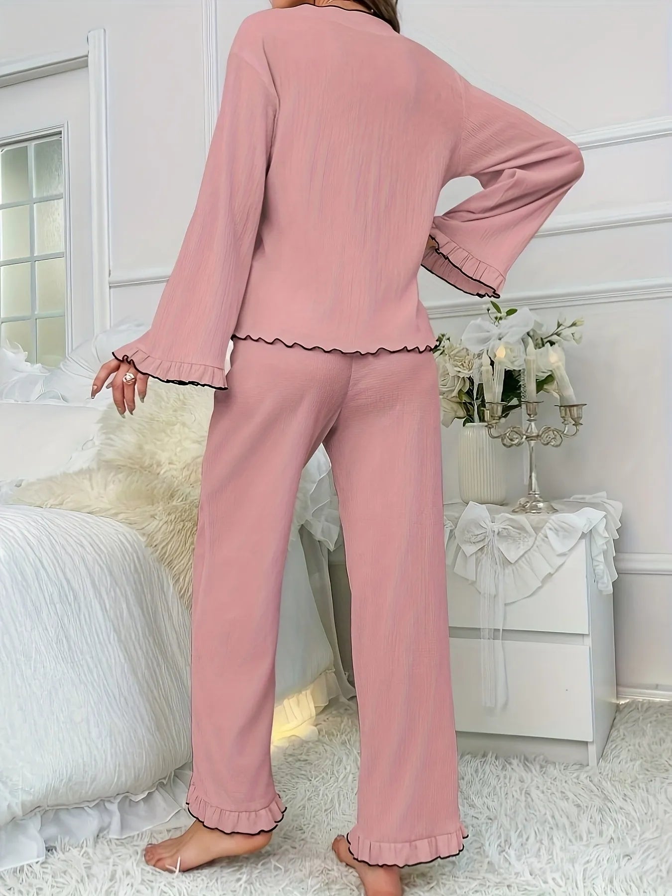 Contrast Trim Bow Tie Shirt and Pants Lounge Set Lingerie & Nightwear
