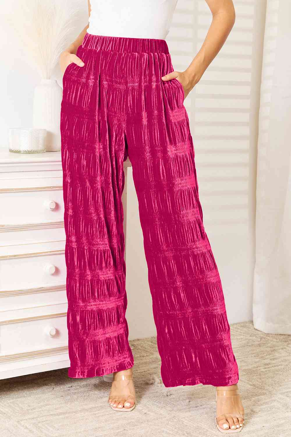 Double Take Full Size High Waist Tiered Shirring Velvet Wide Leg Pants 