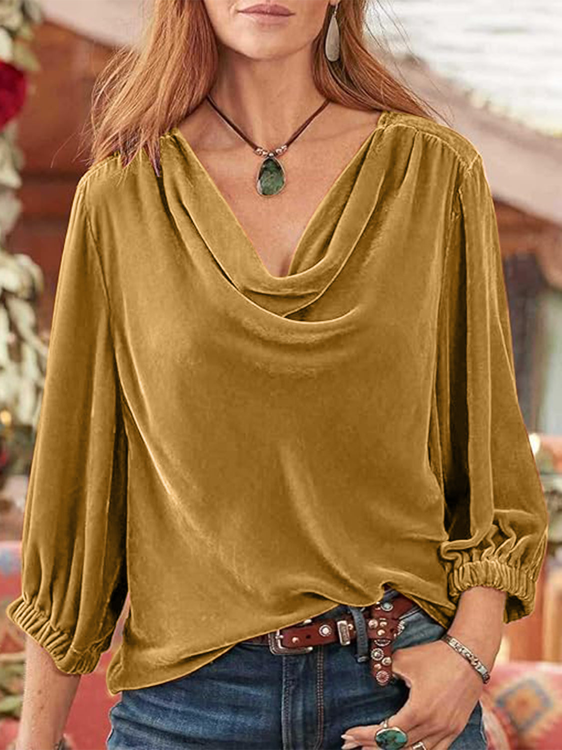 Cowl Neck Three-Quarter Sleeve Top 