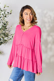 Double Take Half Button Long Sleeve Ruffle Hem Blouse 