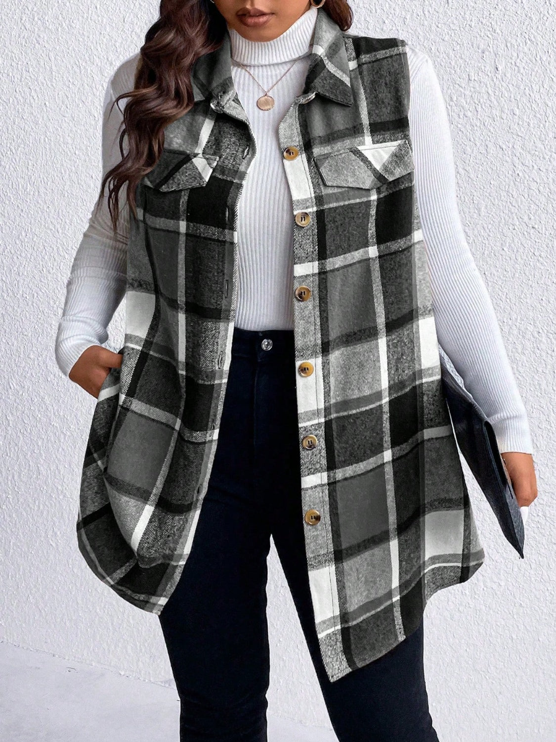 Honey Plus Size Pocketed Plaid Button Up Vest Coat 