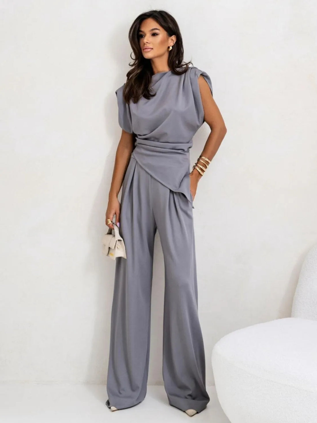 Slit Ruched Top and Wide Leg Pants Set 