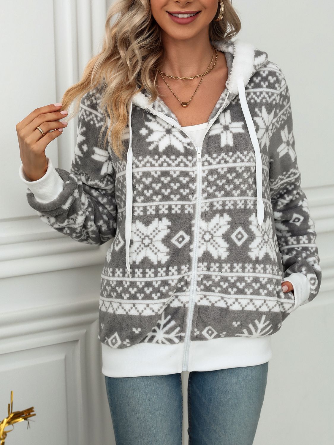 Drawstring Snowflake Zip Up Hooded Outerwear 