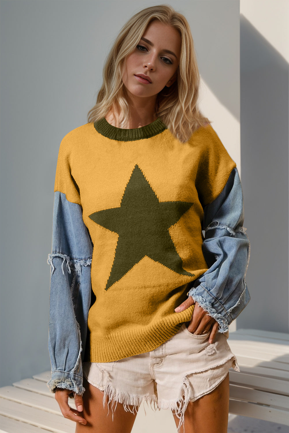 Double Take Full Size Star Pattern Raw Edge Long Sleeve Sweater 