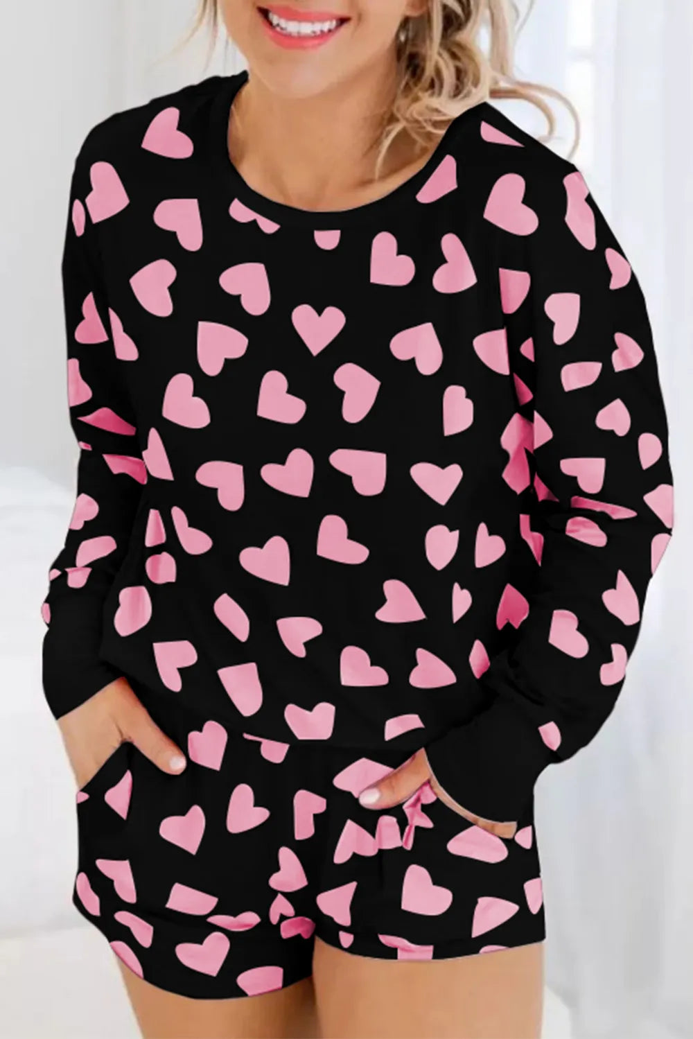 Heart Print Long Sleeve Top and Shorts Lounge Set Lingerie & Nightwear