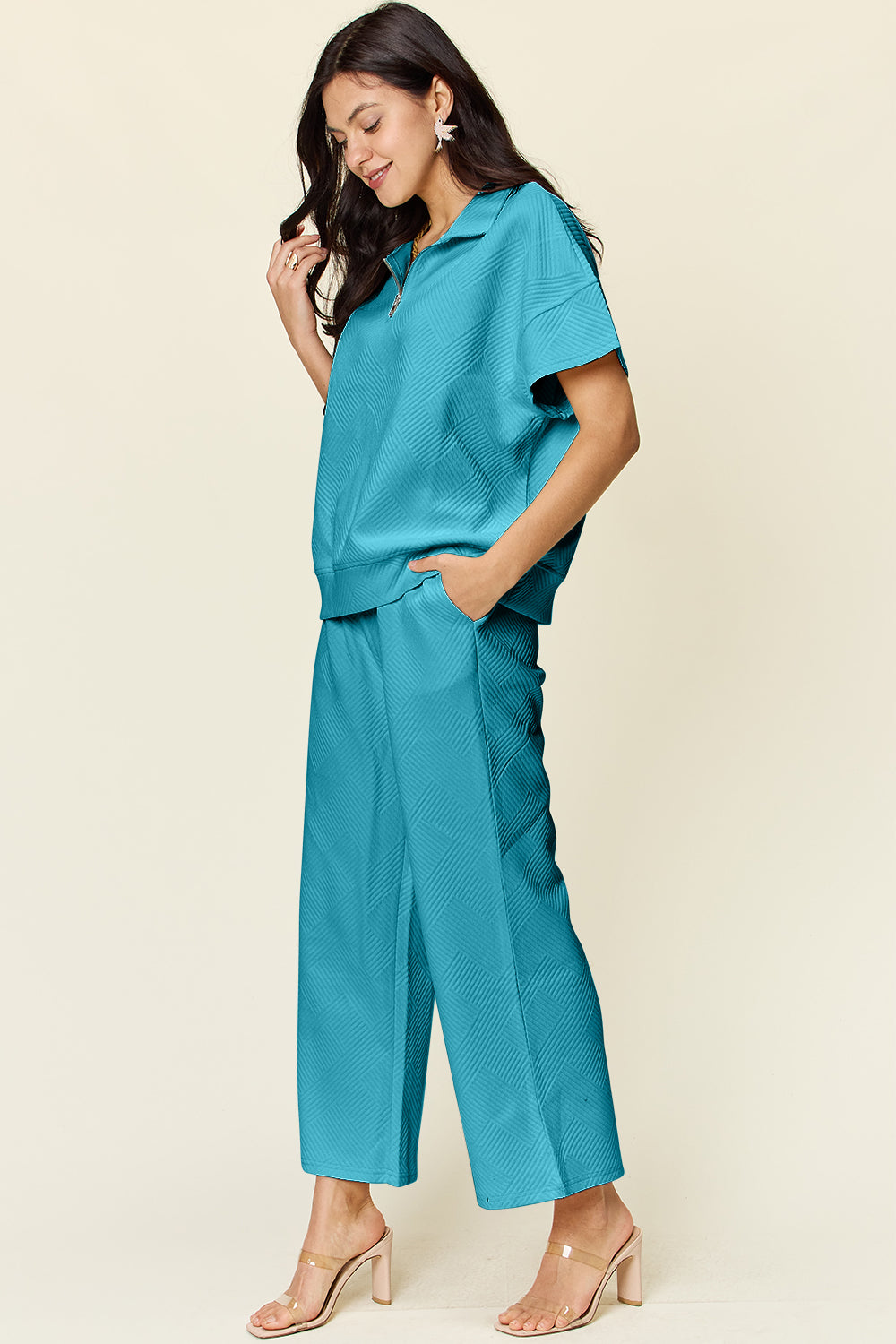Double Take Full Size Texture Half Zip Short Sleeve Top and Pants Set 