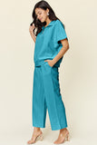 Double Take Full Size Texture Half Zip Short Sleeve Top and Pants Set 