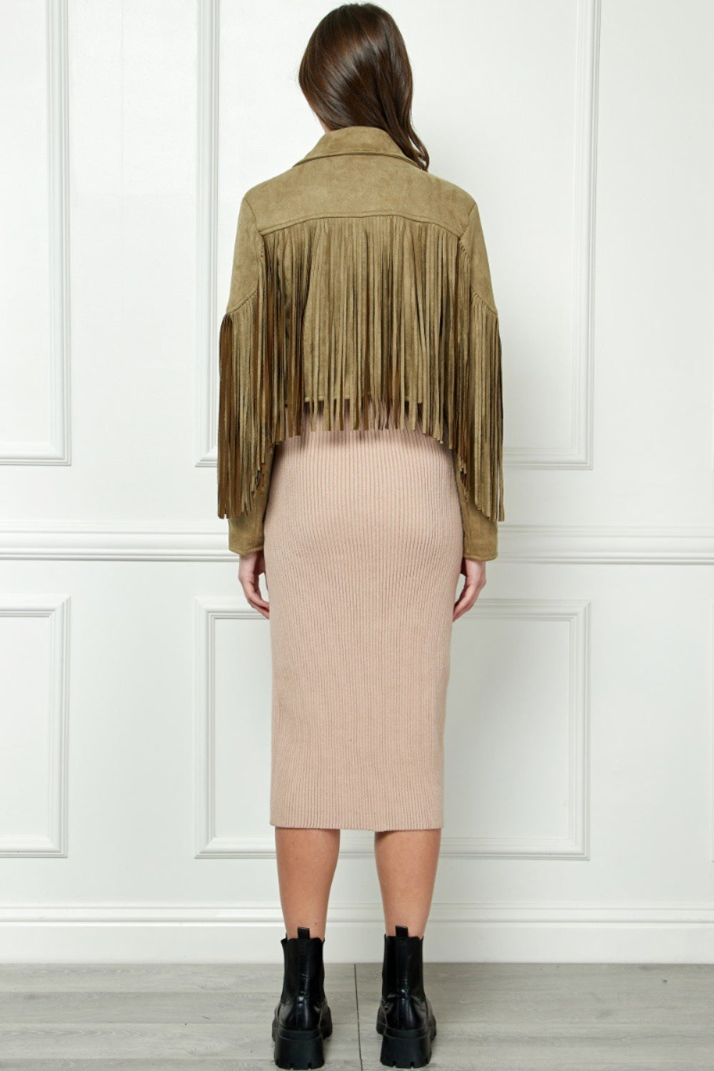 Veveret Suede Fringe Long Sleeve Moto Jacket 