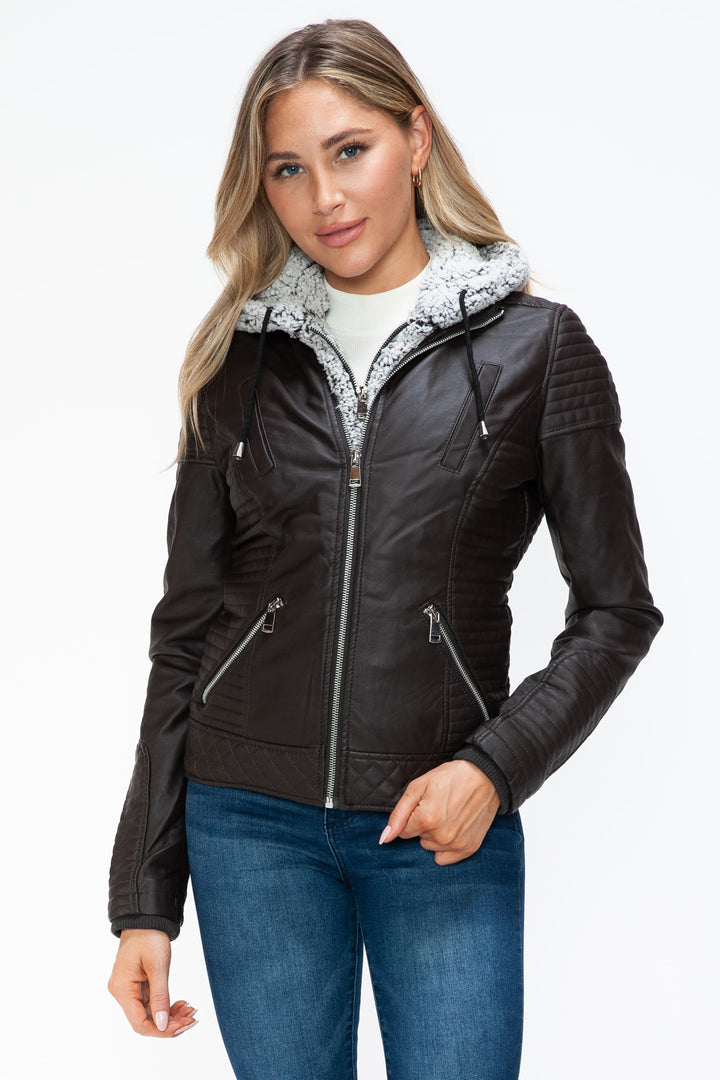 YMI Faux Layered Double-Zipper Jacket with Fuzzy Hood 