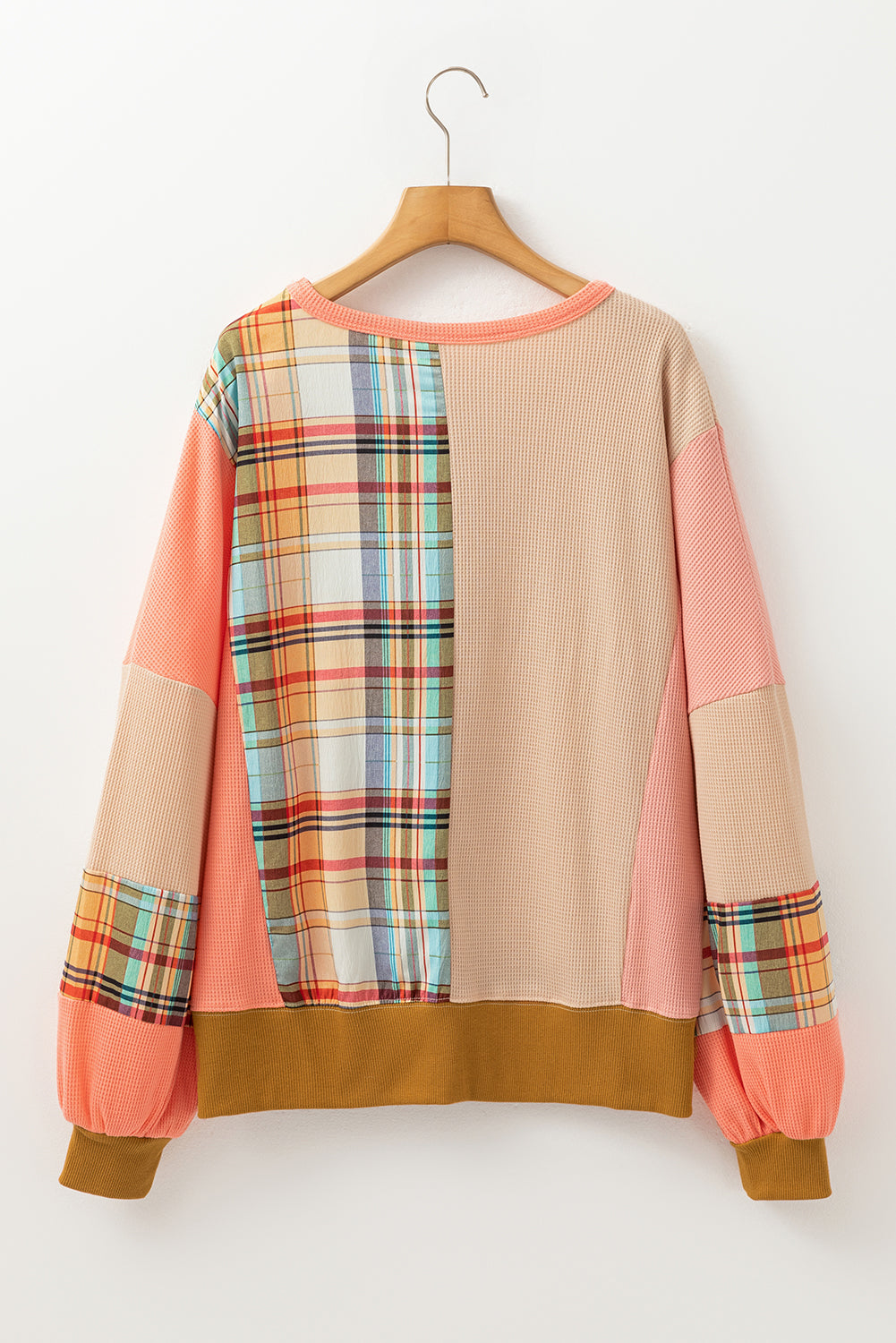 Multicolour Waffle Knit Plaid Patchwork Side Slits Loose Sweatshirt Tops/Sweatshirts & Hoodies