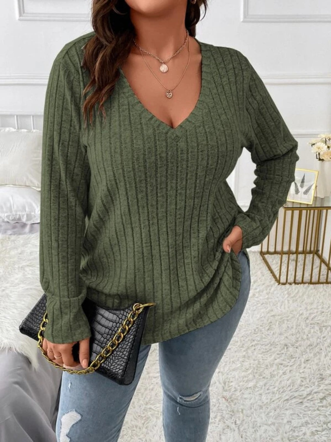 Plus Size V-Neck Long Sleeve T-Shirt 