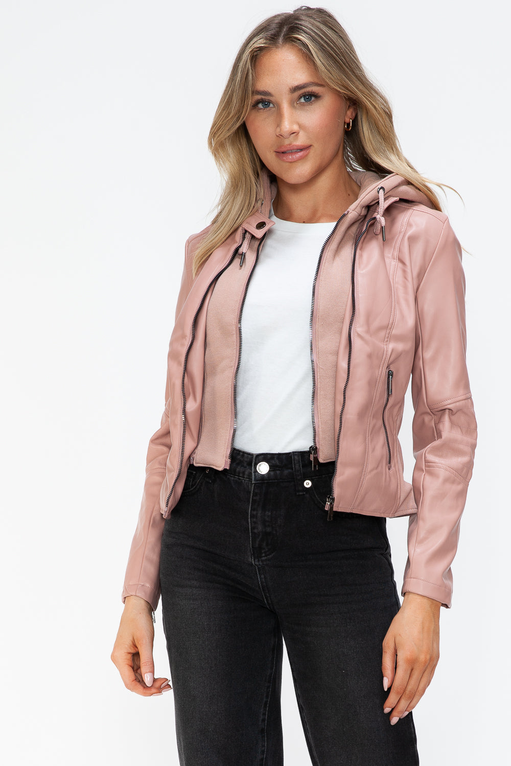 Snobbish Faux Leather Zip Up Drawstring Hooded Jacket 