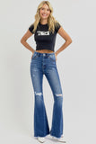 RISEN Full Size High Rise Distressed Raw Hem Flare Jeans 