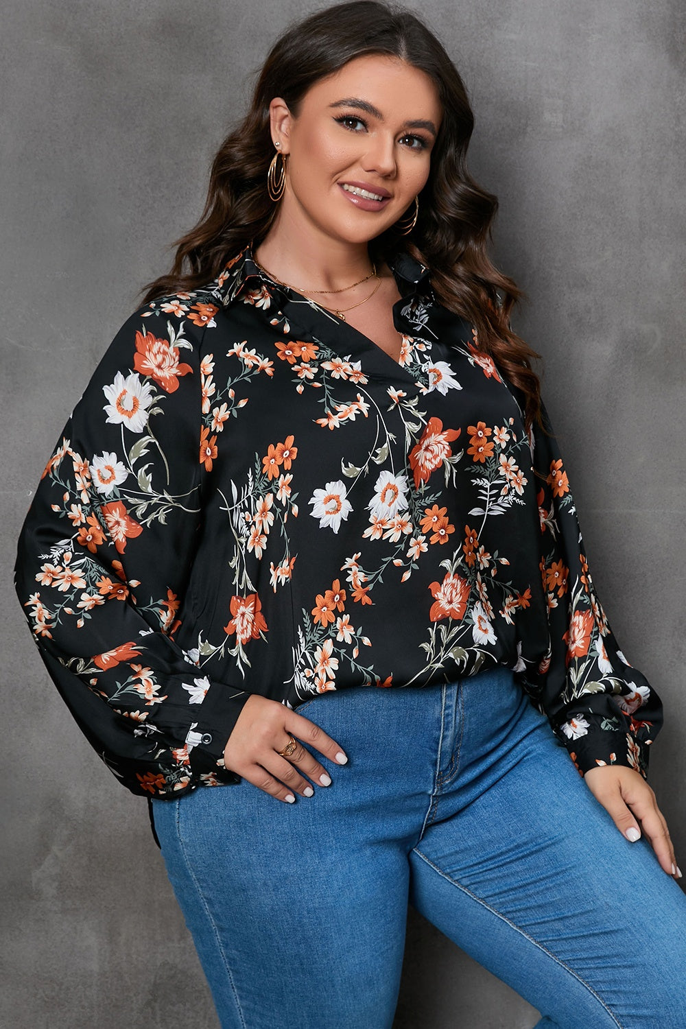 Plus Size Printed Johnny Collar Long Sleeve Blouse 